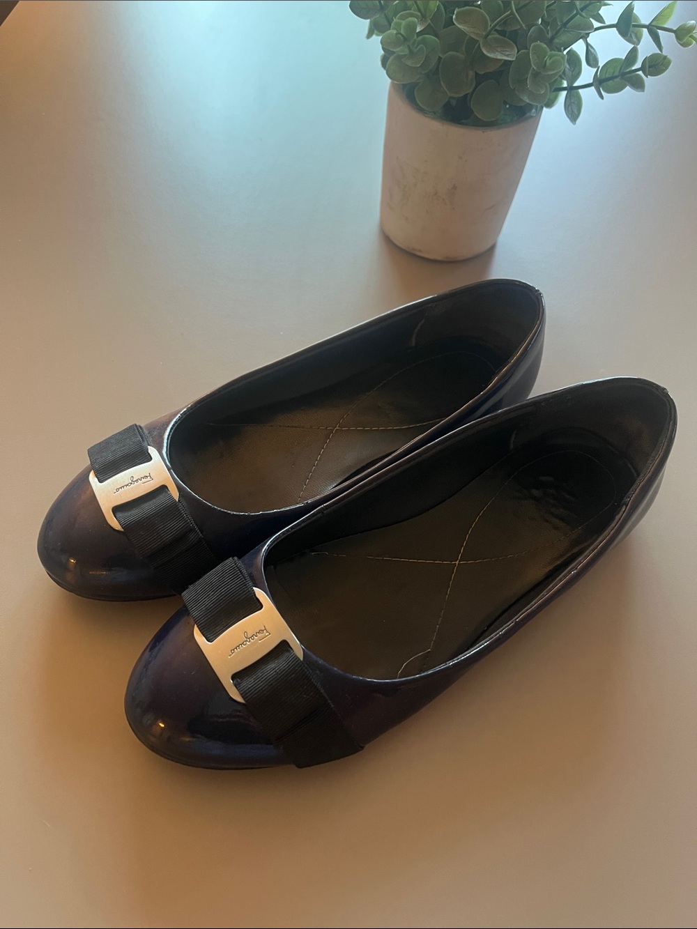 Salvatore Ferragamo Authentic Classic Flats Patent Leather Silver Hardware